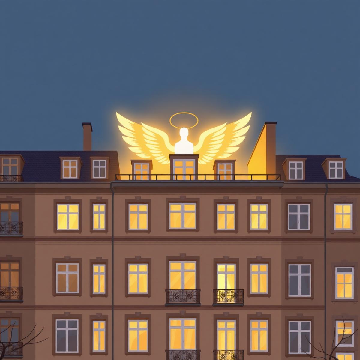Schweizer Altbau mit schützender Engelsflügel-Illustration